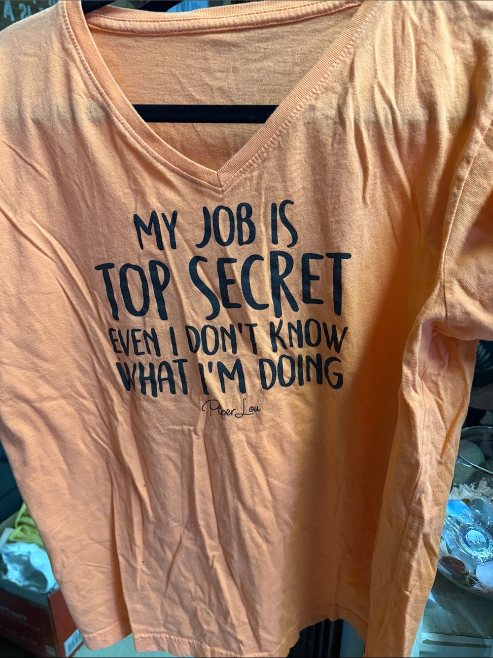 Graphic V-Neck Tee "My Job Is Top Secret" in Peach Piper Lou